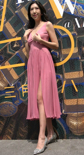 性感的粉红连衣裙V领低胸美女