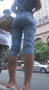 细高根紧身牛仔宽臀OL