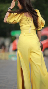 街头模拍时尚性感黄衣女神