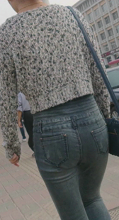 街拍高腰超紧灰牛