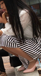 肉色丝袜粉色高跟条纹长裙长发MM