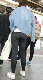 超紧黑裤紧内痕妹子排队