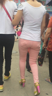 高跟粉裤圆大紧